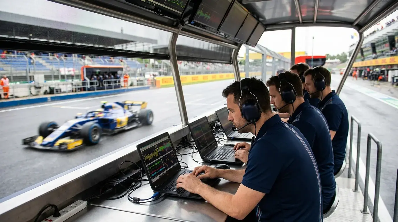 Pit wall на отбор от Формула 1 с инженери и стратези